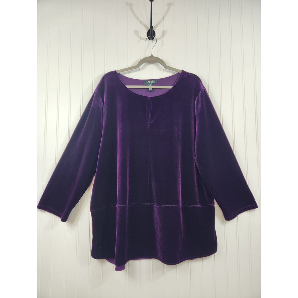 Lauren RL Purple Velvet Tunic Top Long Sleeve Keyhole Size 3X 3/4 Sleeve Plush